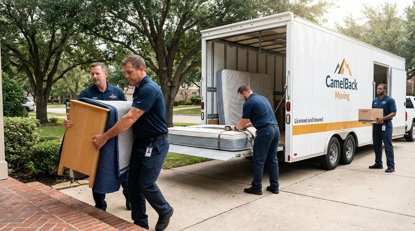 Crew loading residential truck for cross-state move from Bartlett, IL