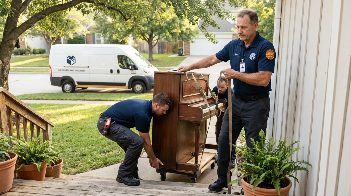 Licensed piano movers securing grand piano in Bartlett, IL