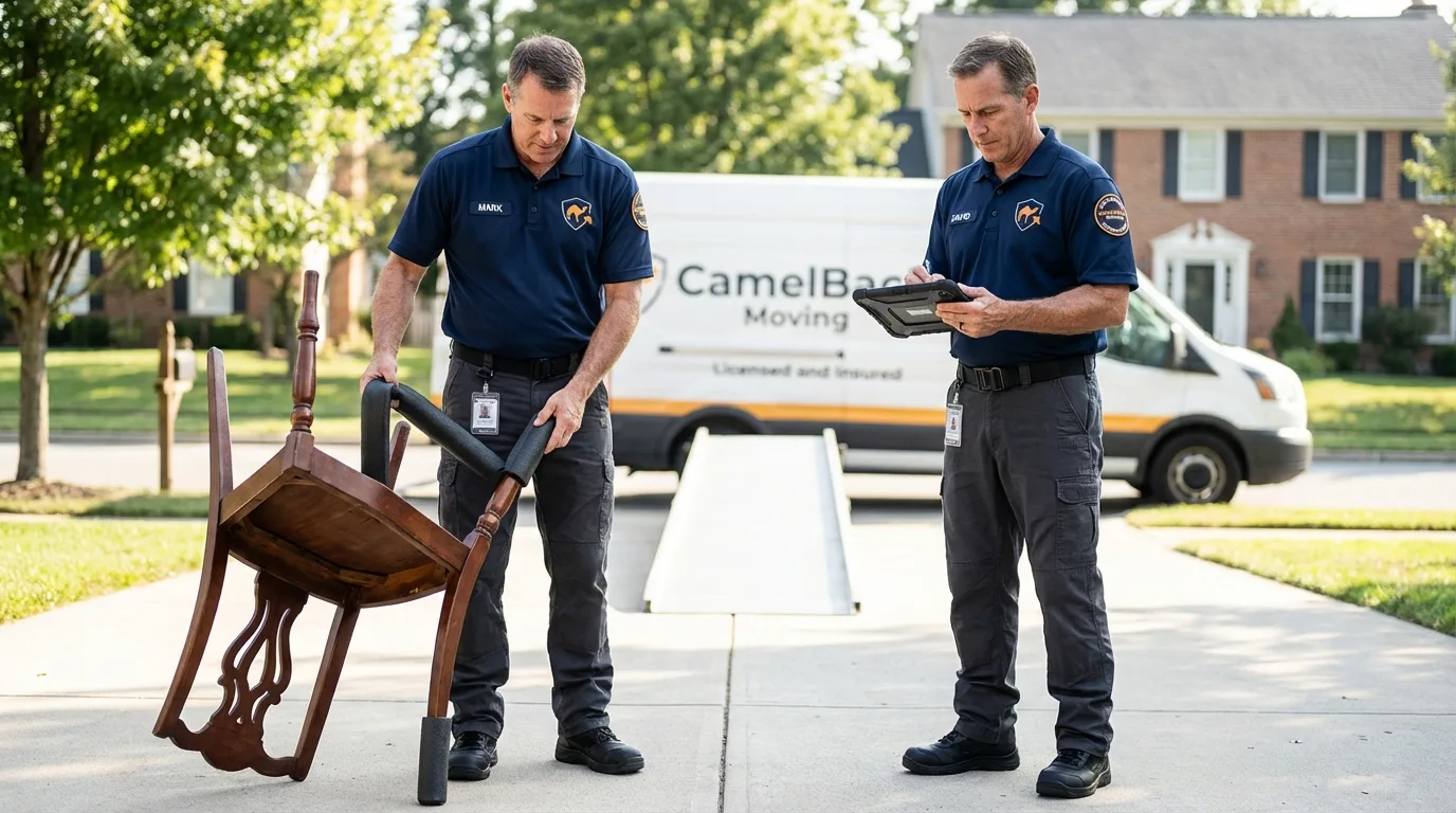 Movers inspecting furniture for damage prevention before loading in Bartlett, IL