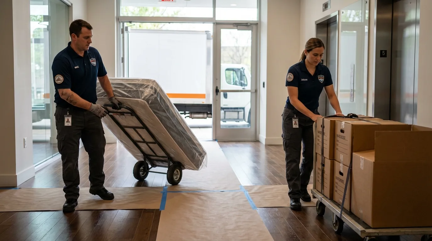 Professional apartment movers loading elevator in Bartlett, IL